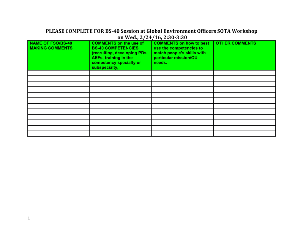 PLEASE COMPLETE for BS-40 Session at Global Environment Officers SOTA Workshop