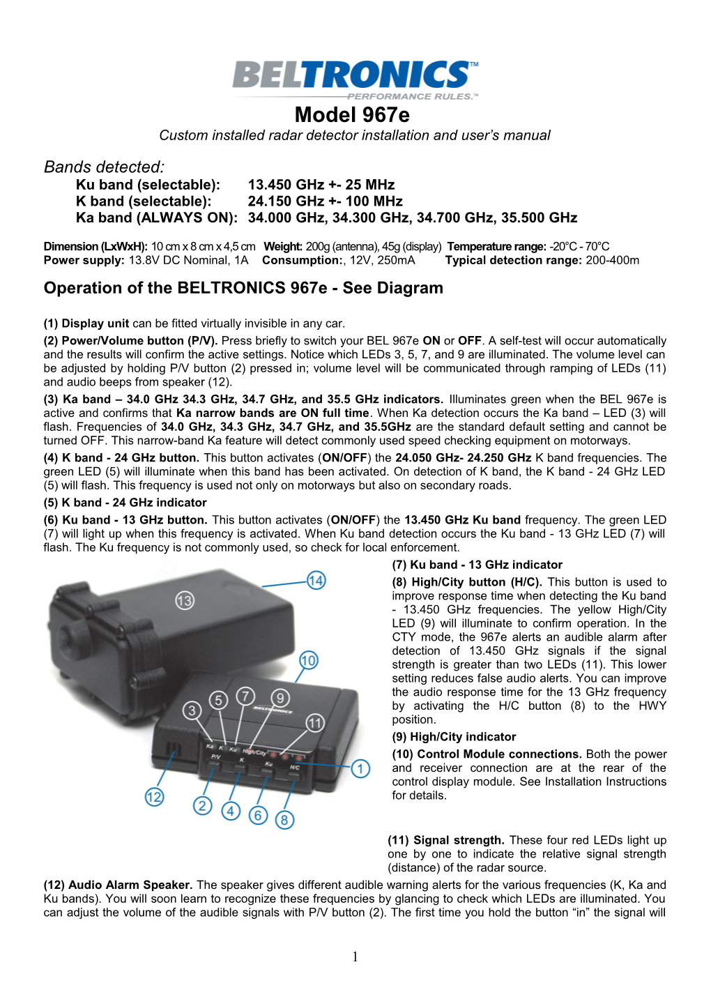 Custom Installed Radar Detector Installation and User S Manual