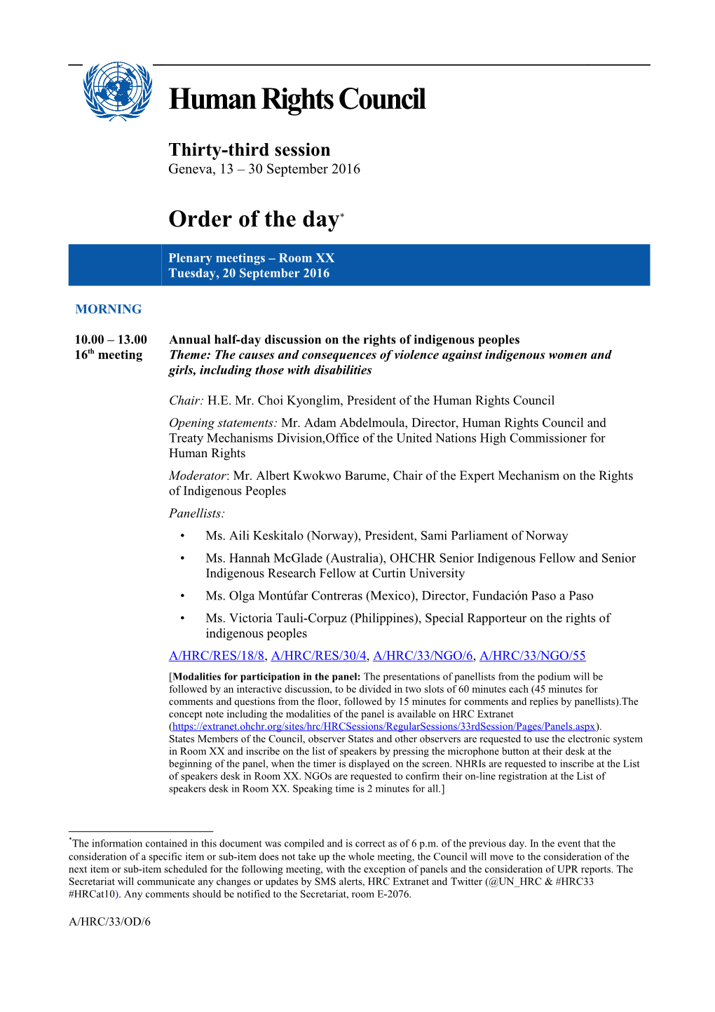 Tuesday, 20 September 2016, Order of the Day