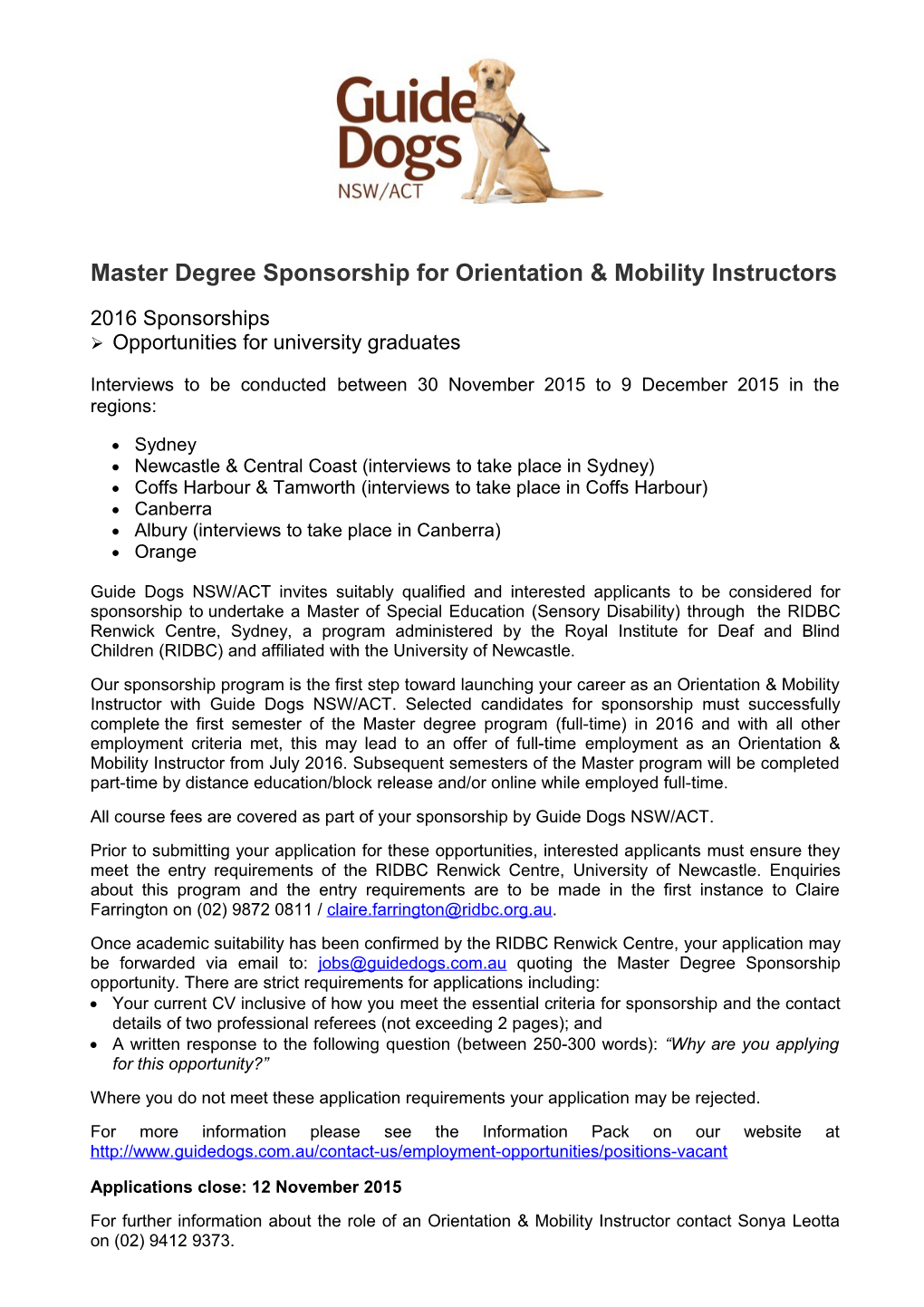 Master Degree Sponsorship for Orientation & Mobility Instructors