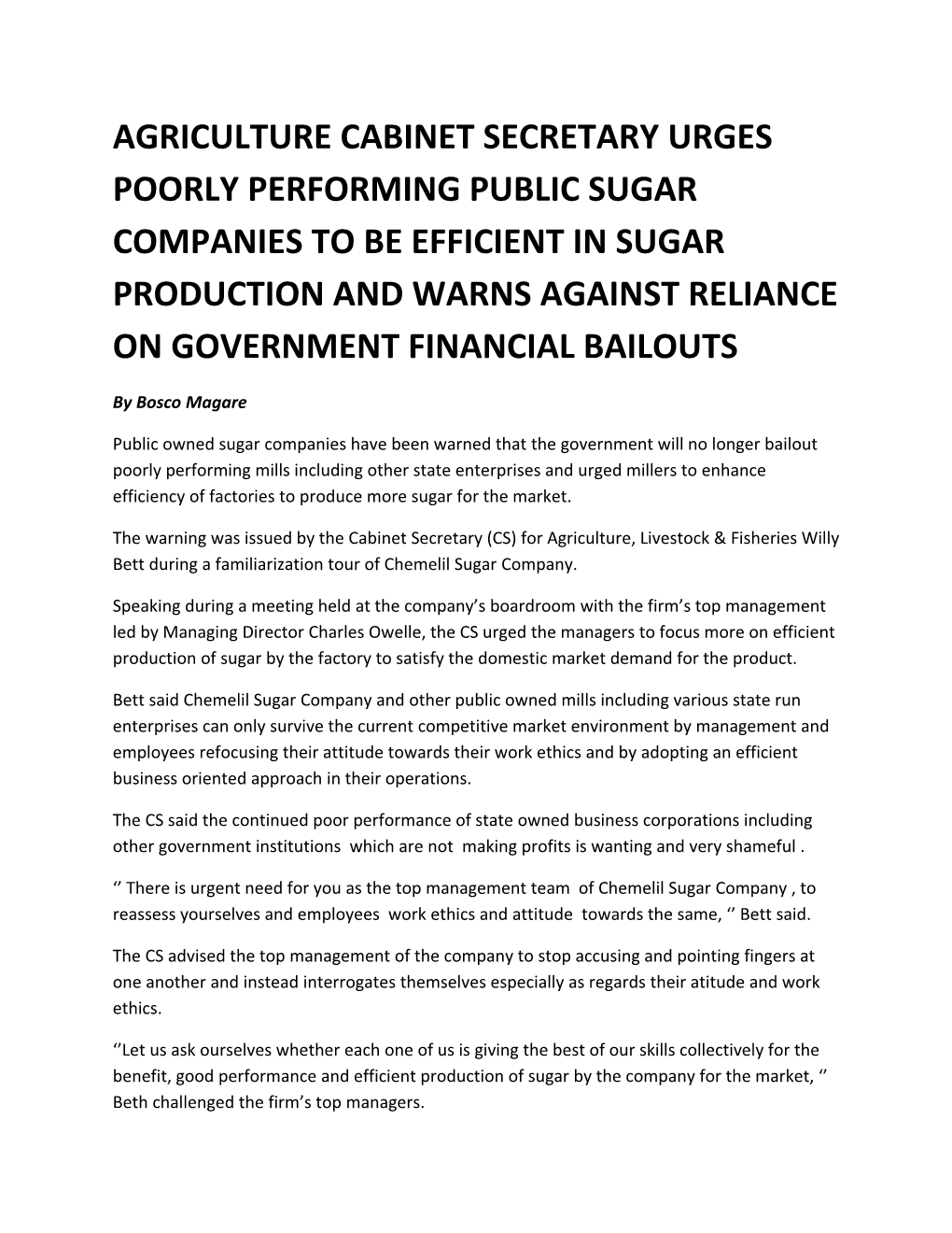 Agriculture Cabinet Secretary Urges Poorly Performing Public Sugar Companiesto Be Efficient