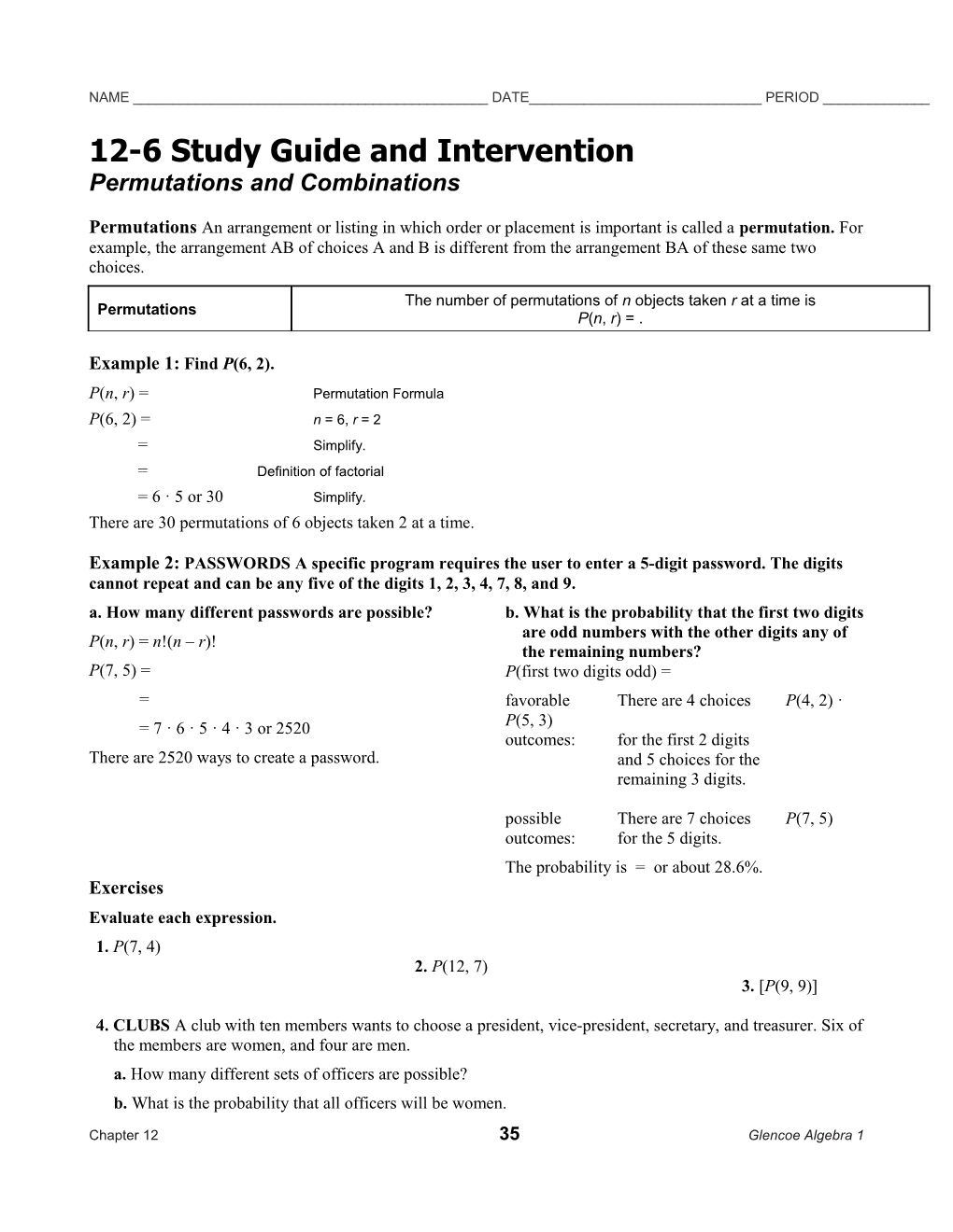 12-6 Study Guide and Intervention