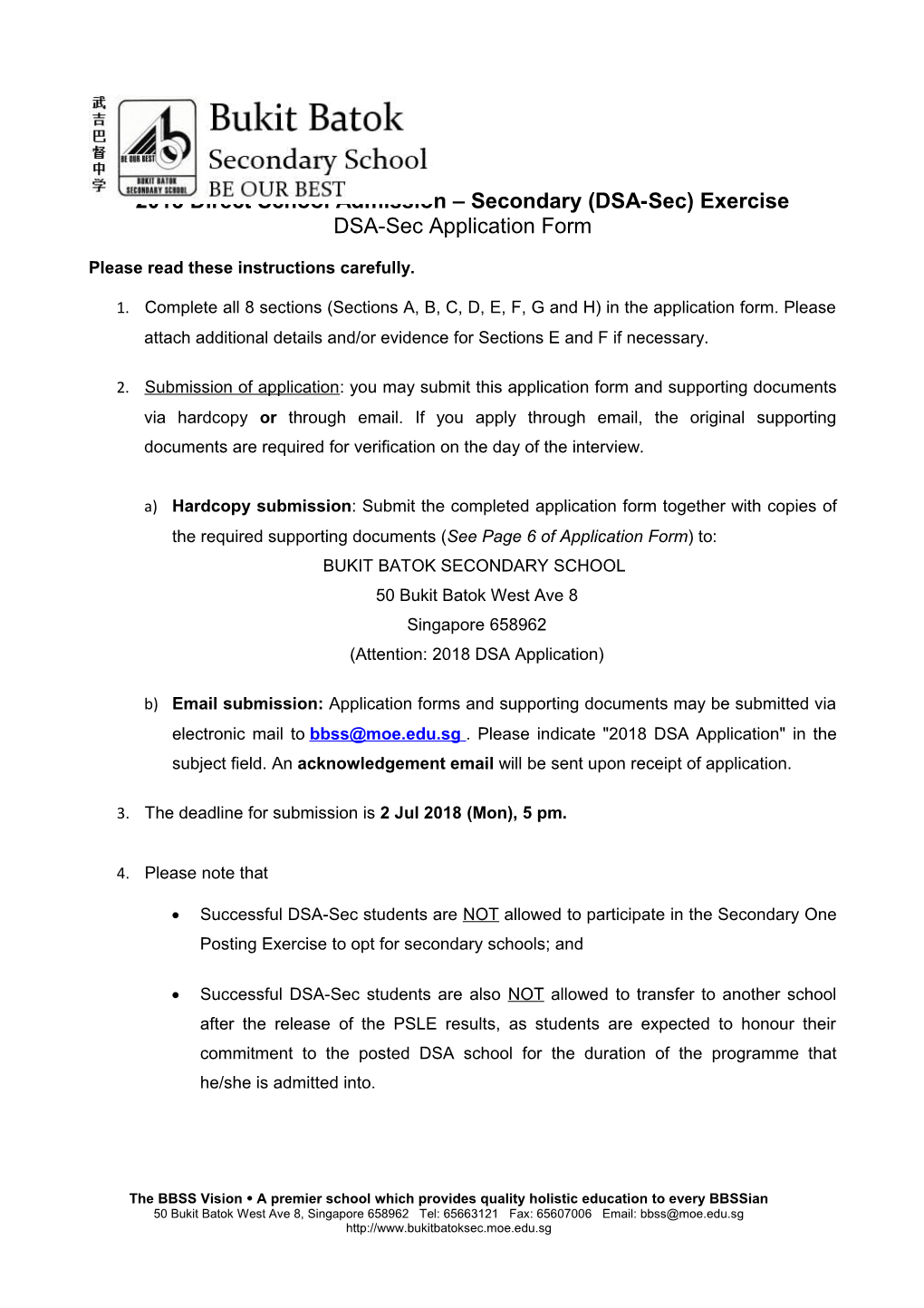 2018 Direct School Admission Secondary (DSA-Sec) Exercise