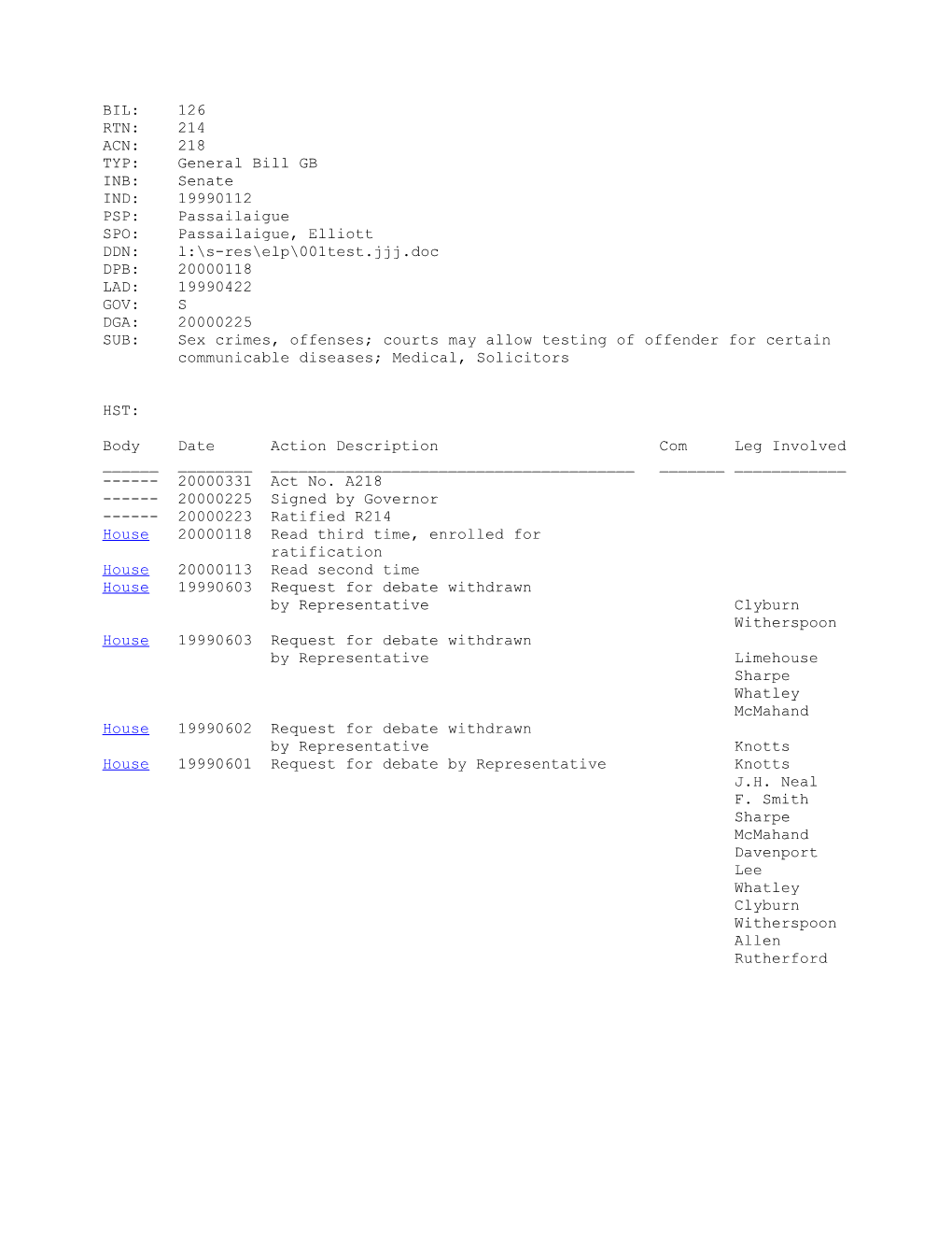 1999-2000 Bill 126: Sex Crimes, Offenses; Courts May Allow Testing of Offender for Certain