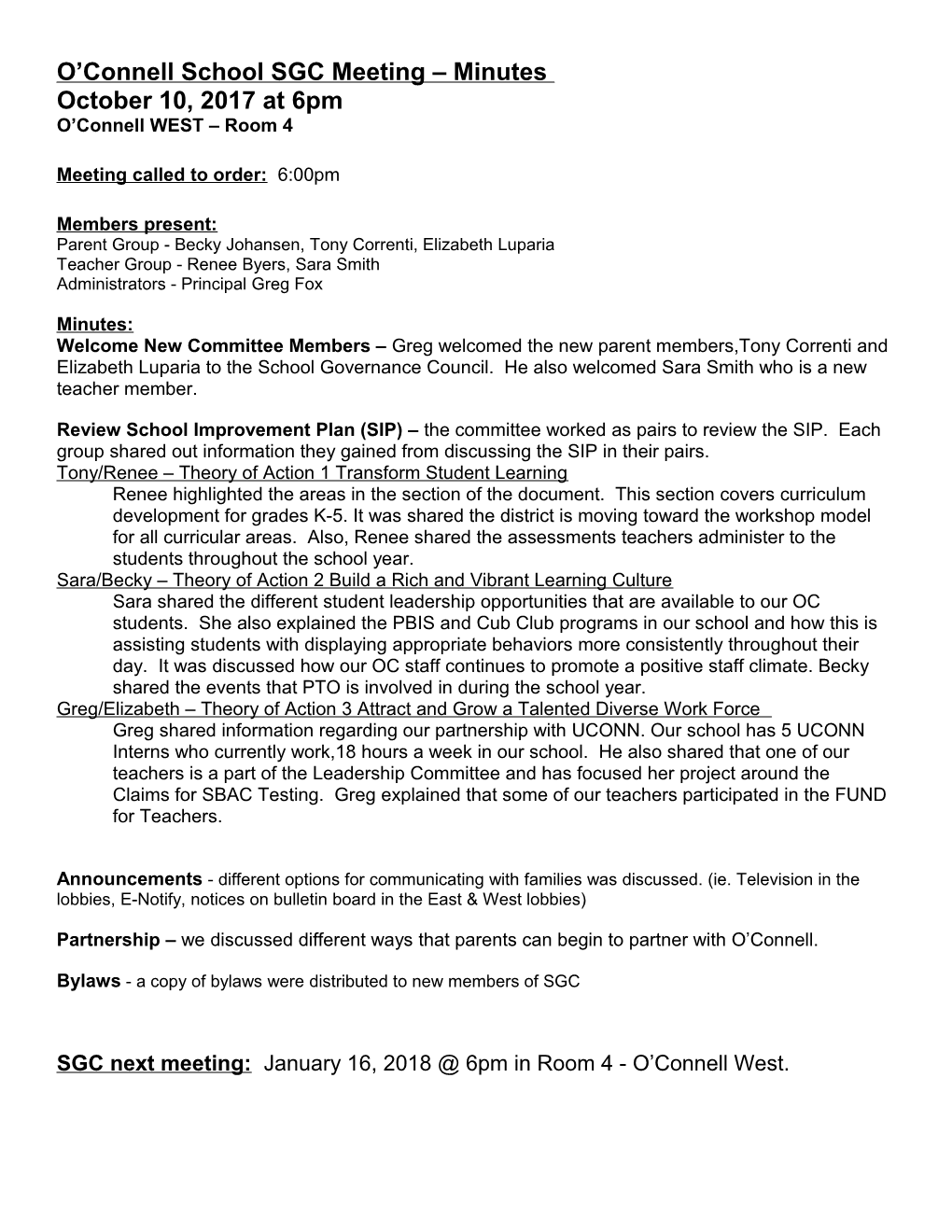 O Connell School SGC Meeting Minutes