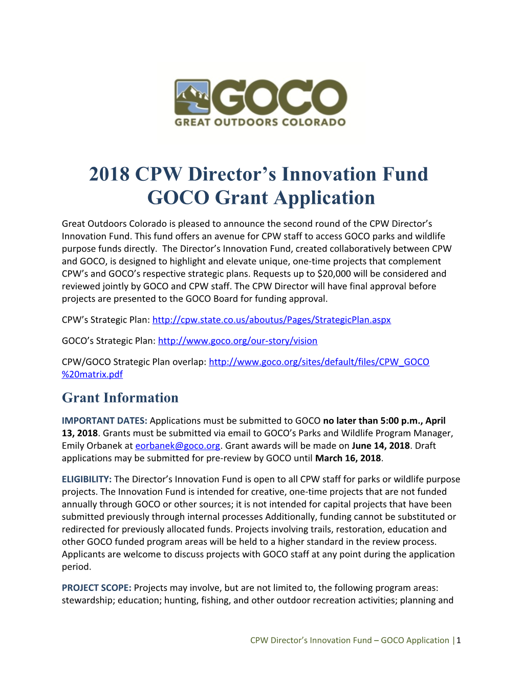 2018 CPW Director S Innovation Fund GOCO Grant Application