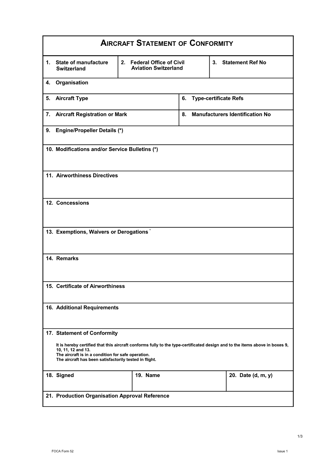 Aircraft Statement of Conformity - Focaform 52