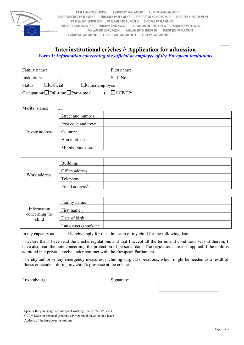 Interinstitutional Crèches Application for Admission