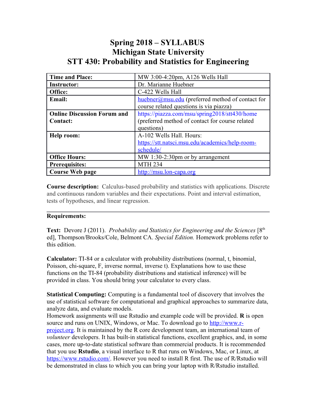 STT 430: Probability and Statistics for Engineering
