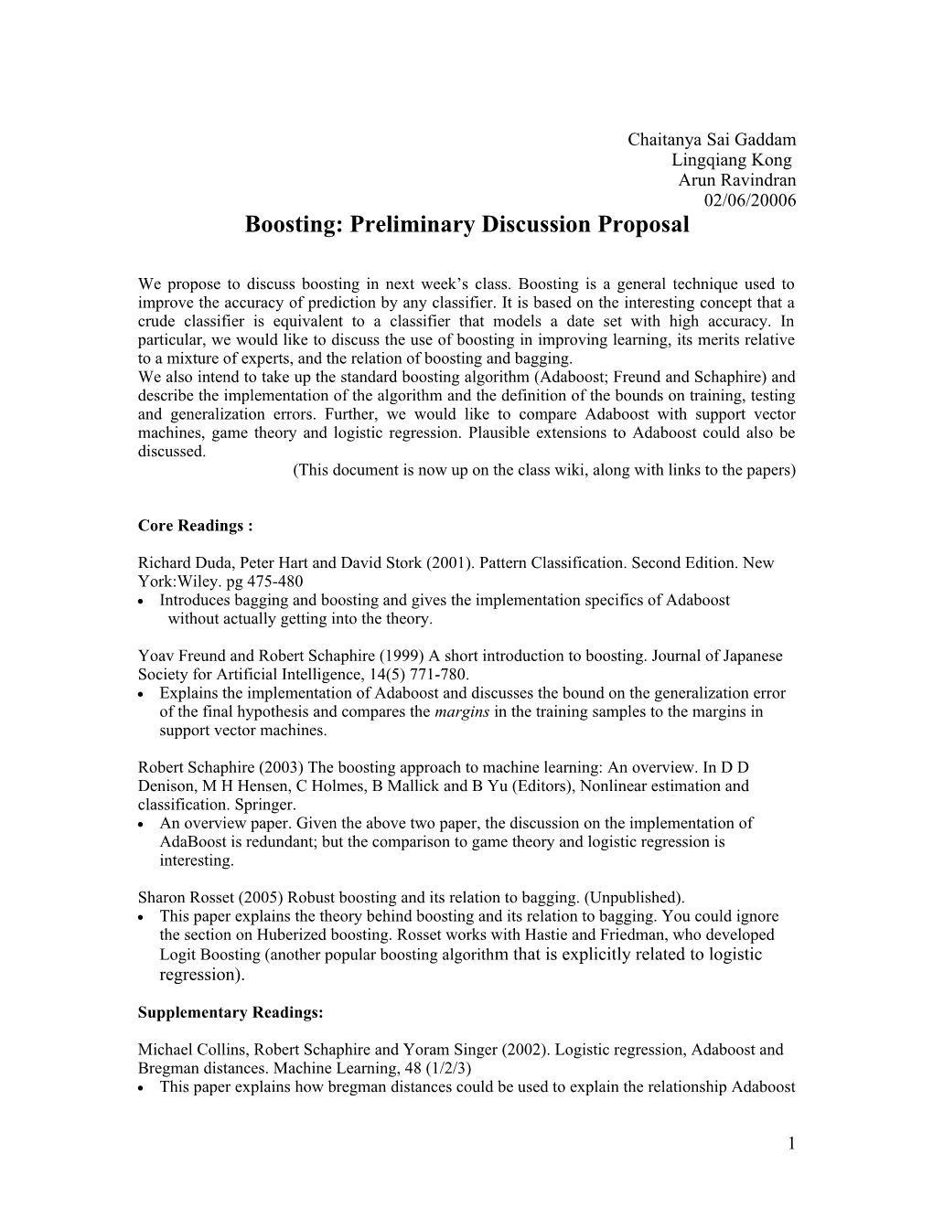 Boosting: Preliminary Discussion Proposal