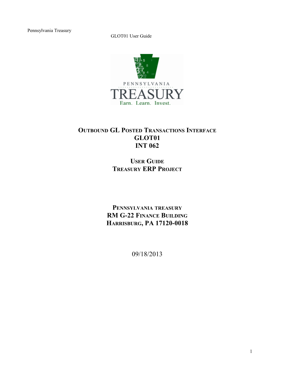 Pennsylvania Treasury GLOT01 User Guide