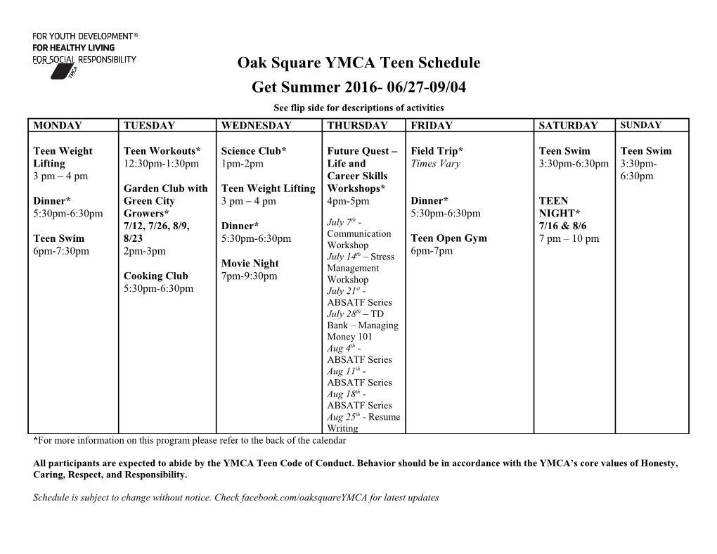 Oak Square YMCA Teen Schedule