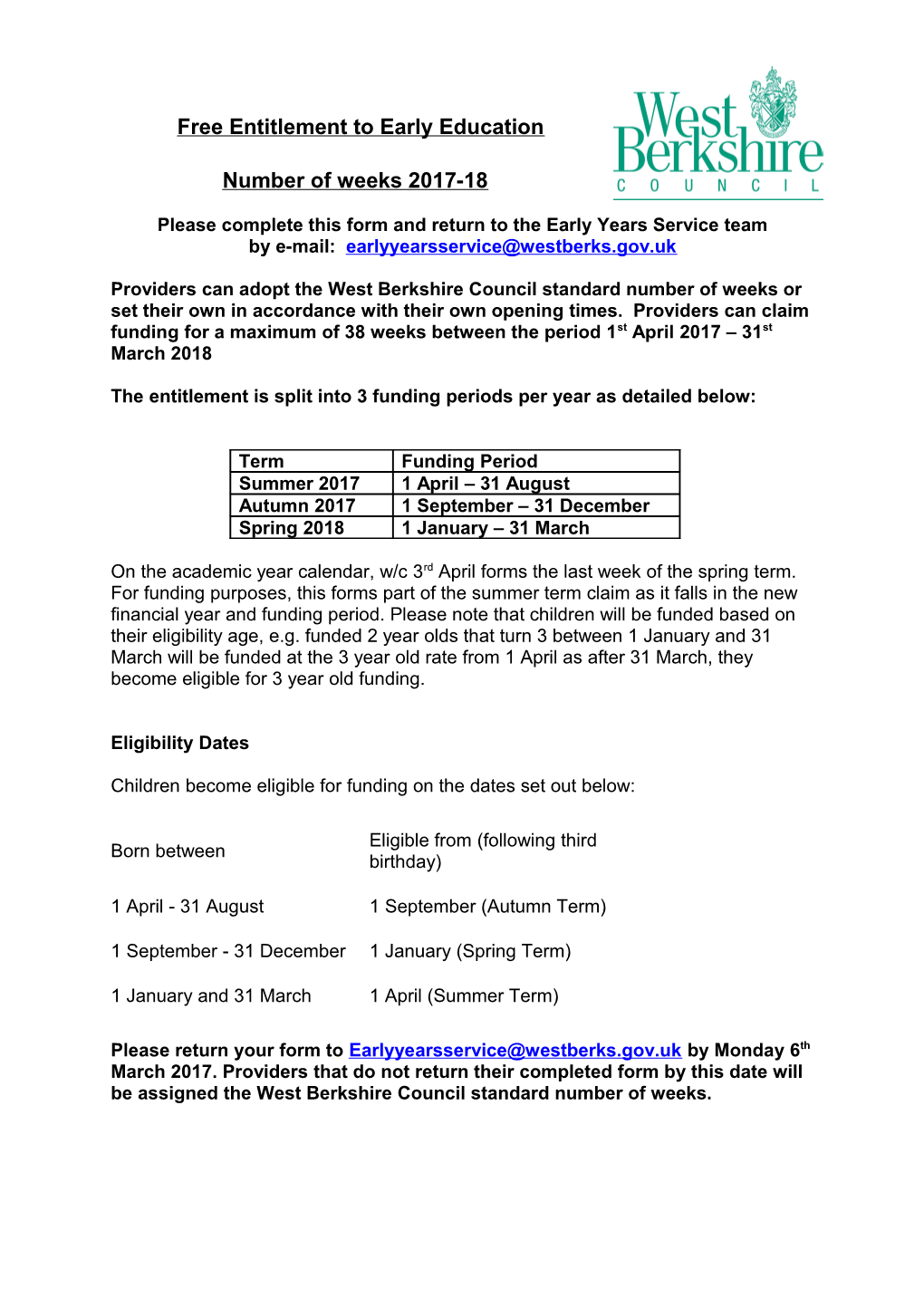 Please Complete This Form and Return to the Early Years Service Team