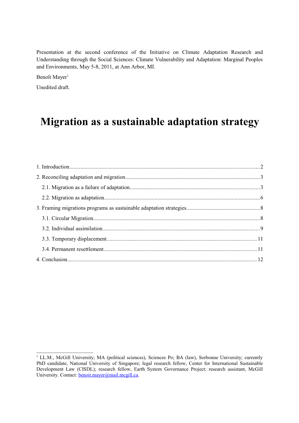 Migration As a Sustainable Adaptation Strategybenoît Mayer