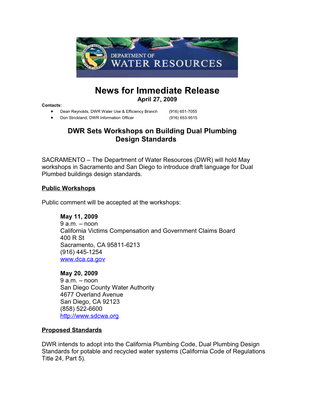 Dean Reynolds, DWR Water Use & Efficiency Branch (916) 651-7055