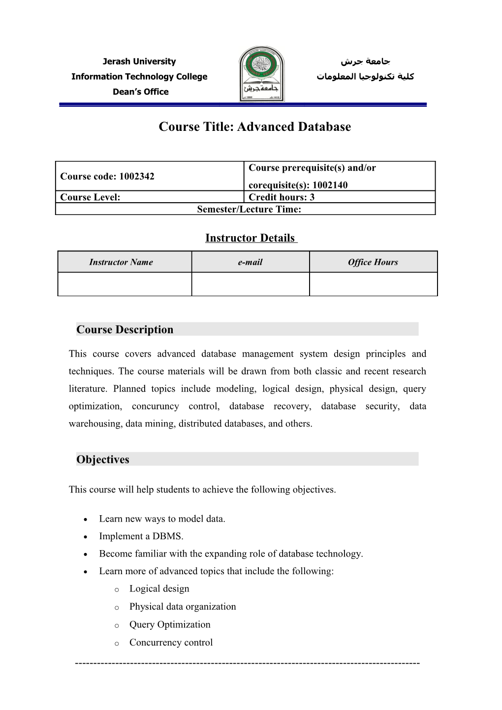 Course Title:Advanced Database