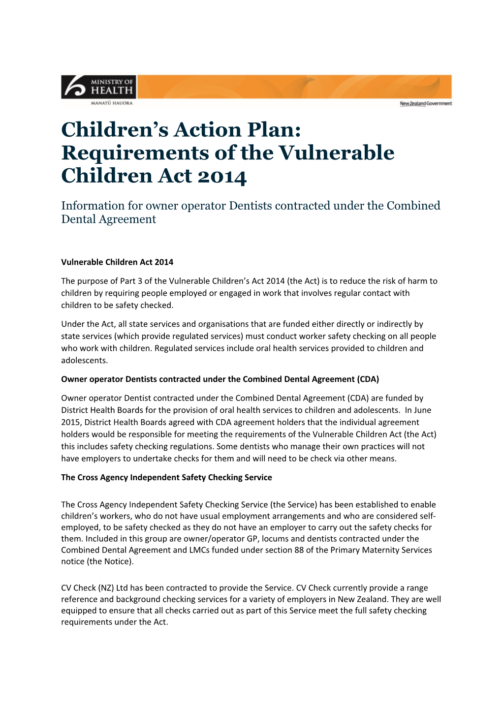 Children S Action Plan: Requirements of the Vulnerable Children Act 2014