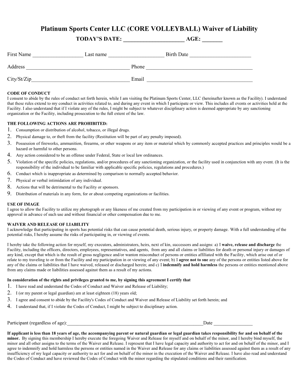 Platinum Sports Center LLC (CORE VOLLEYBALL)Waiver of Liability