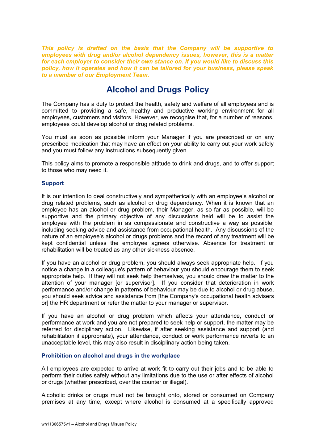 Alcohol and Drugs Policy