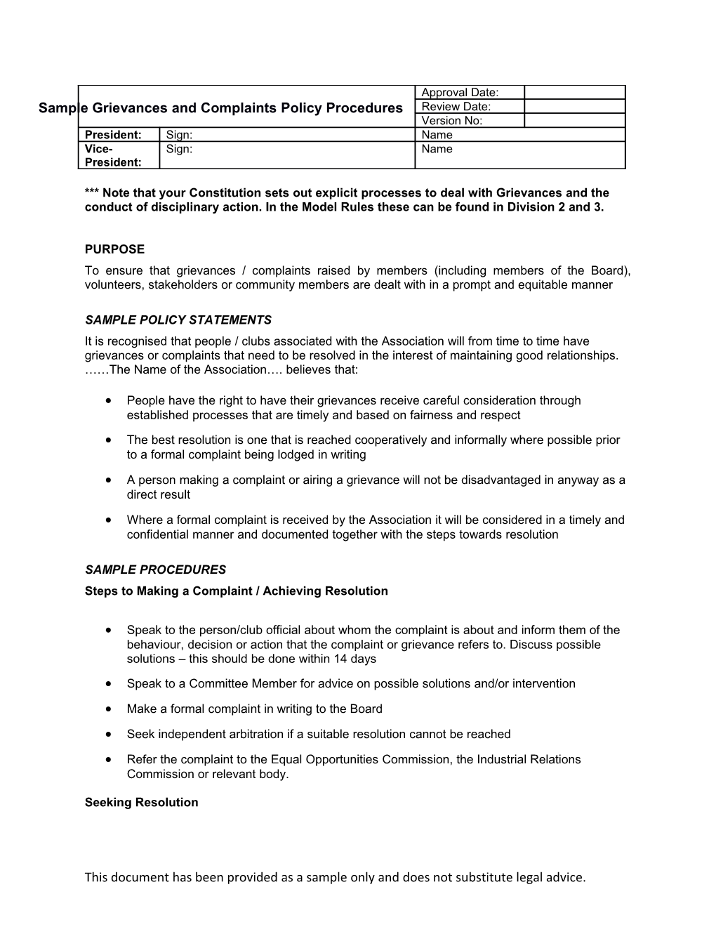 Sample Grievances and Complaints Policy Procedures