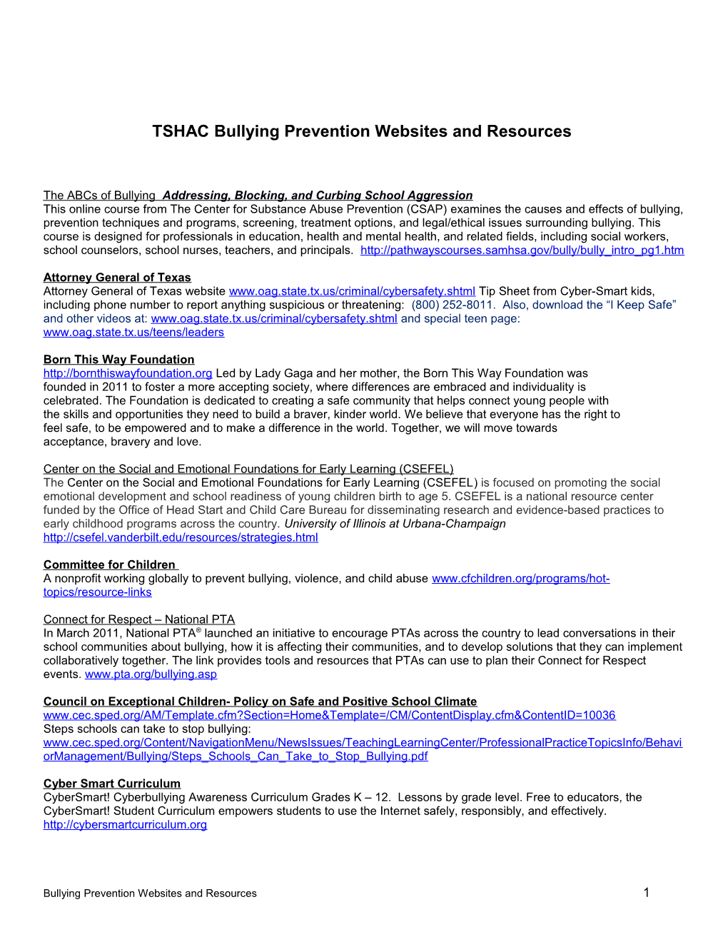 TSHAC Bullying Prevention Websites and Resources
