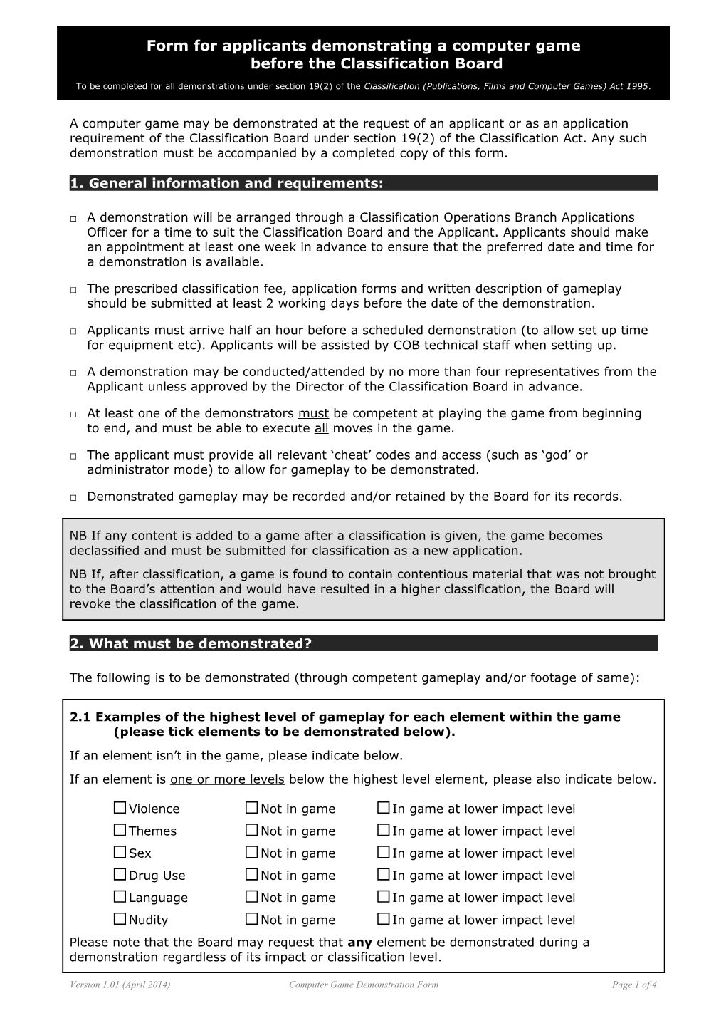 Form for Applicants Demonstrating a Computer Game