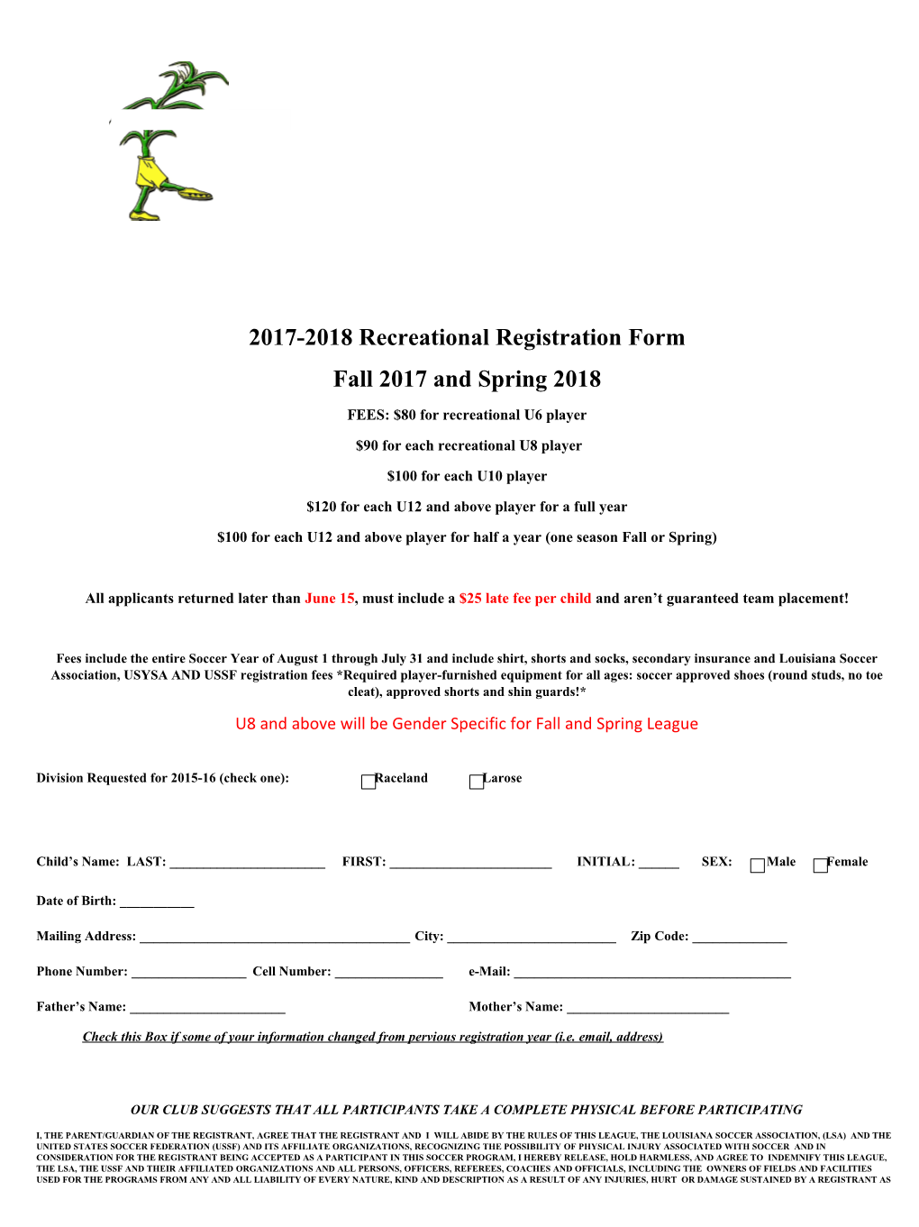 2017-2018Recreational Registration Form
