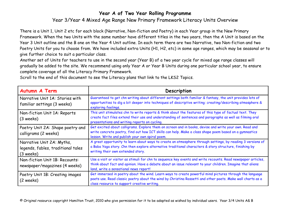 Year a of Two Year Rolling Programme