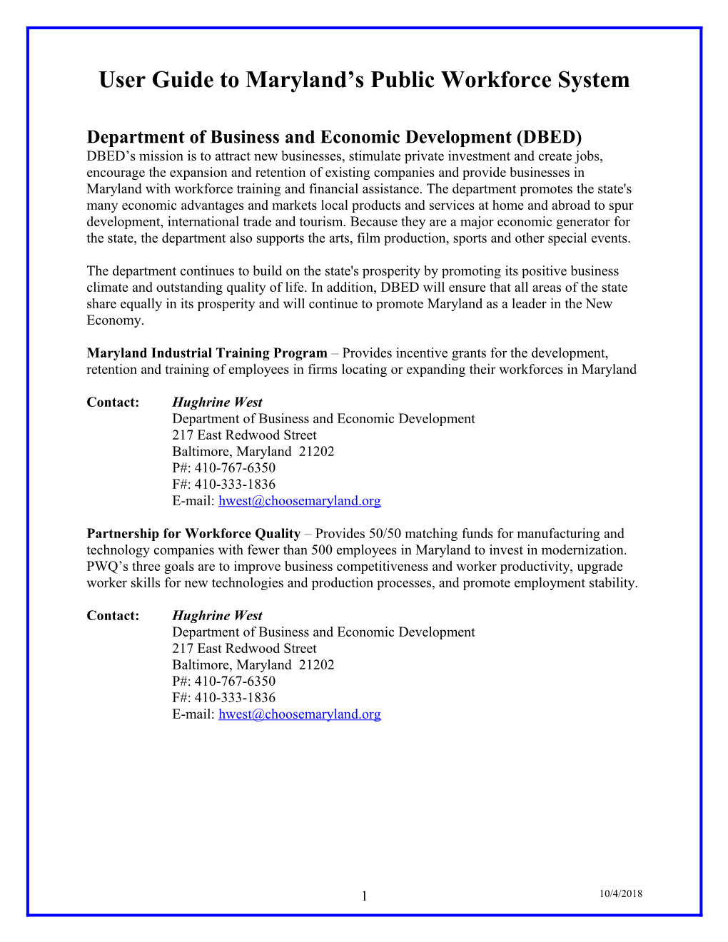Program Contact Information for Maryland Public Workforce Programs