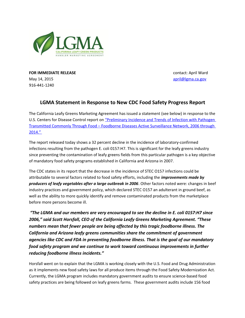LGMA Statement in Response to New CDC Food Safety Progress Report