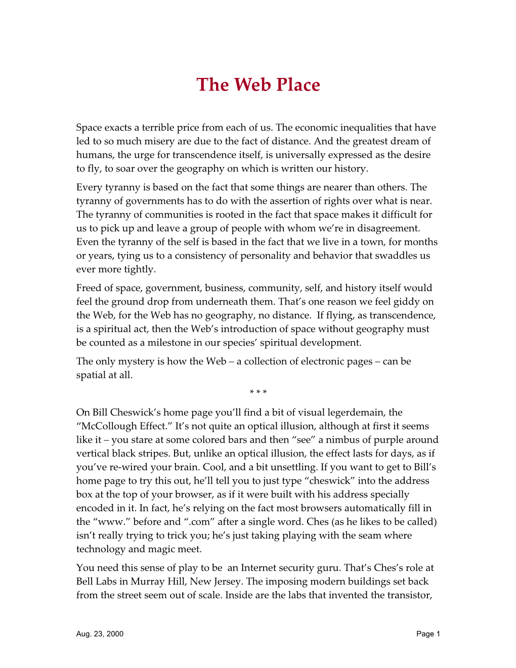 Web Space, Time and Nature