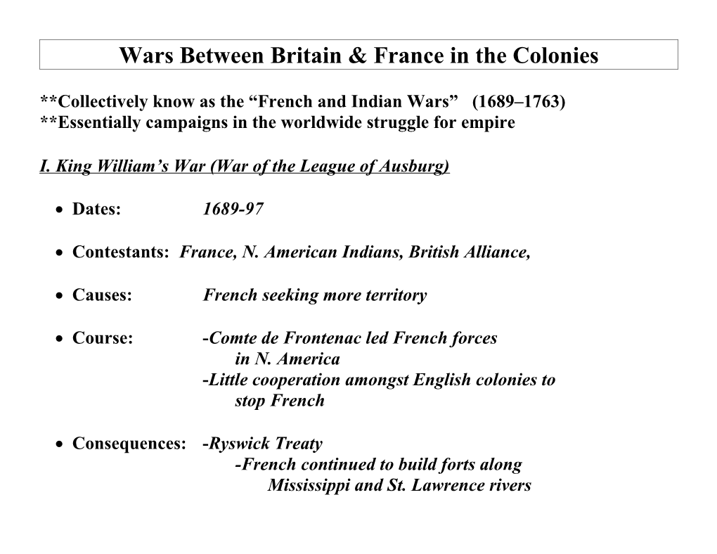 Wars Between Britain & France in the Colonies