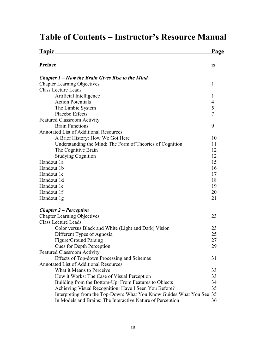 Table of Contents Instructor S Resource Manual