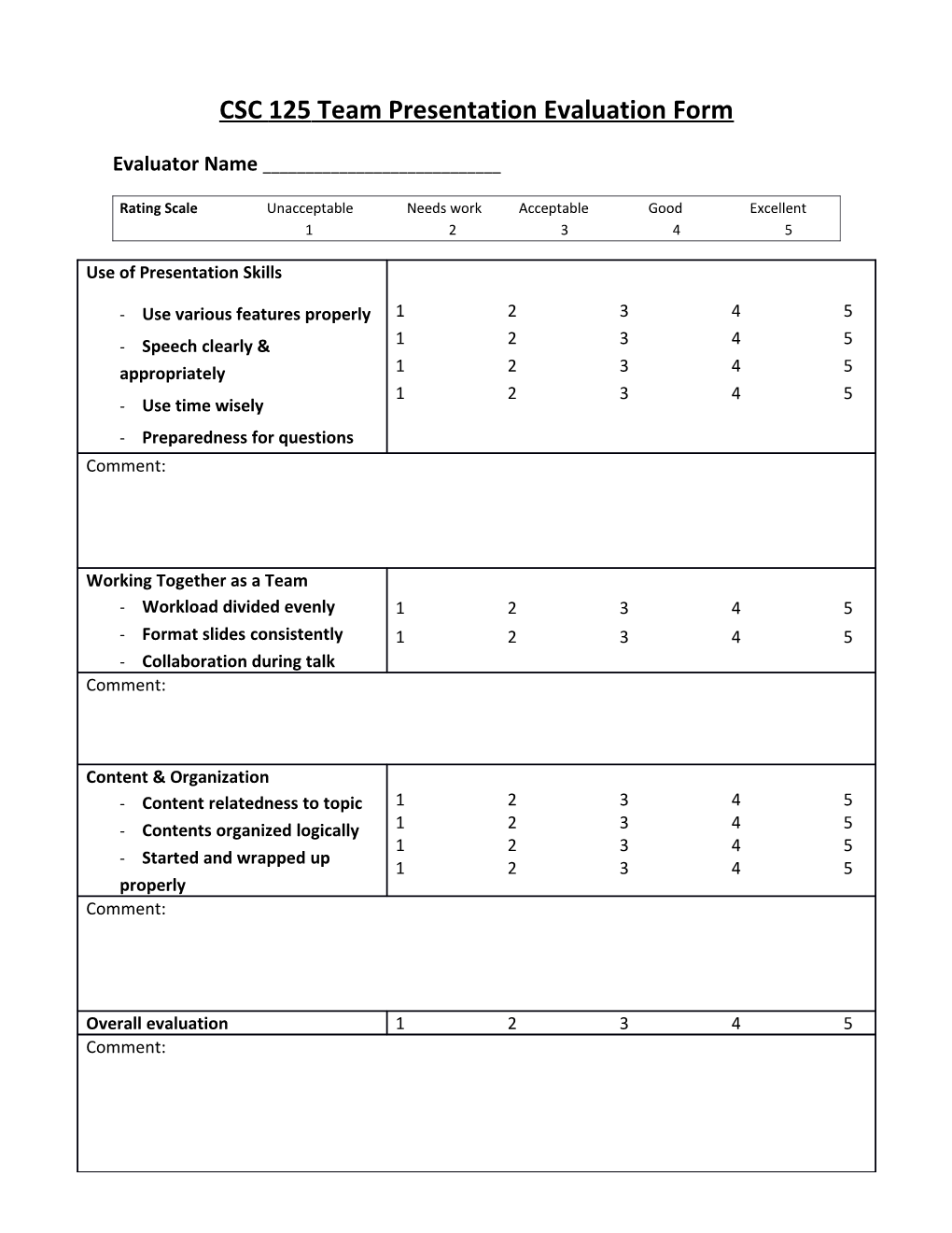 CSC 125 Team Presentation Evaluation Form
