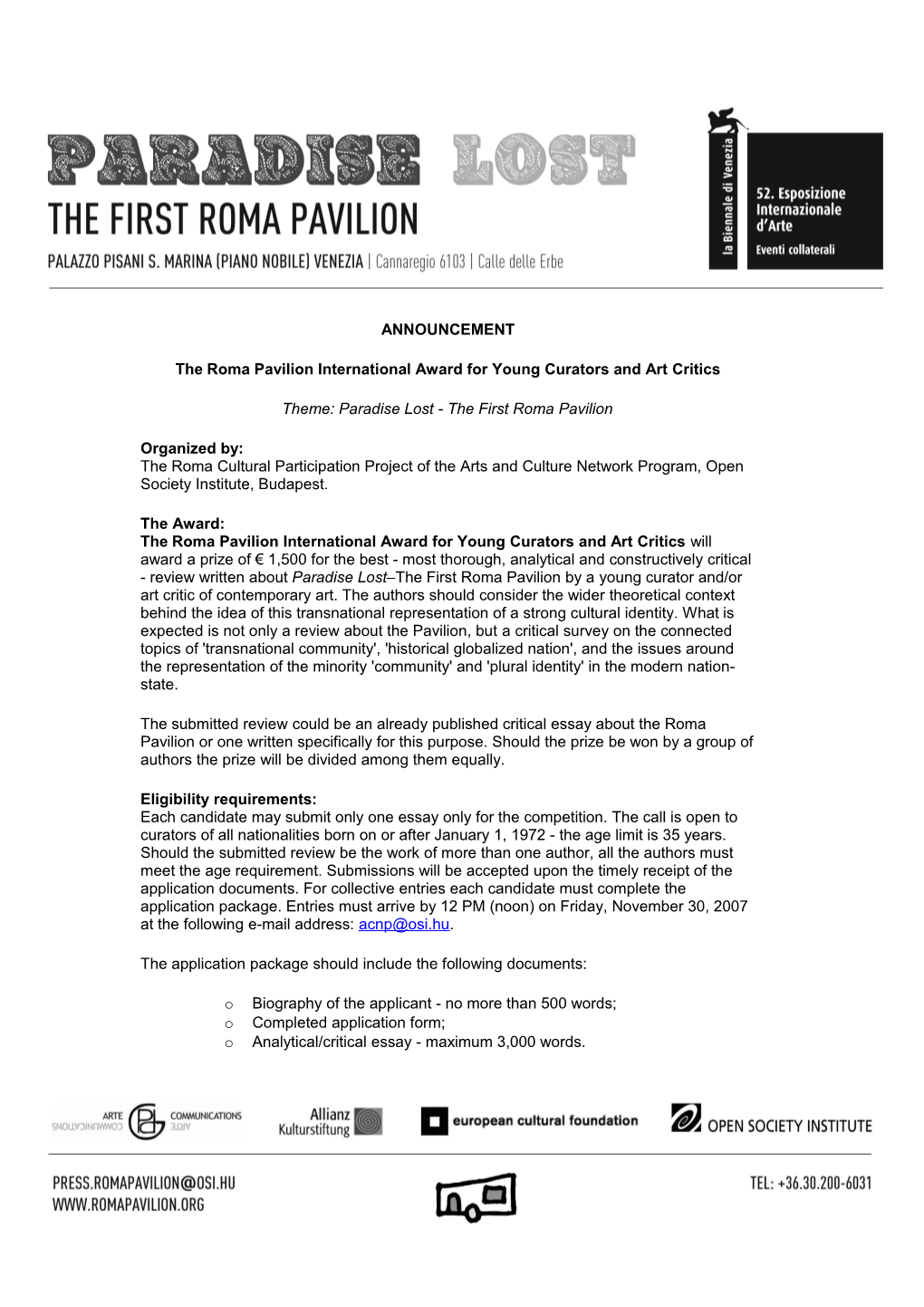 Theroma Pavilion International Award for Young Curators and Art Critics
