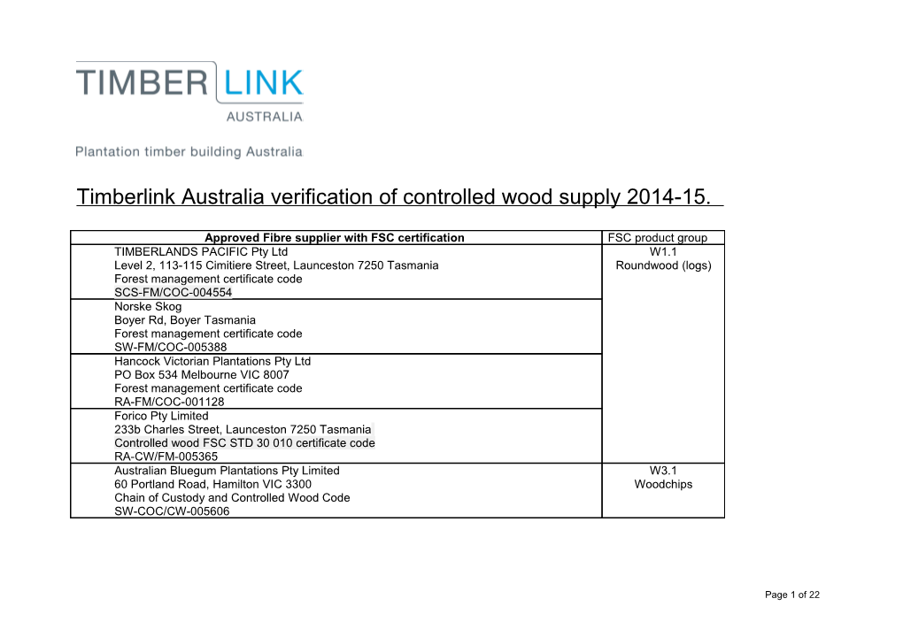 Timberlink Australia Verification of Controlled Wood Supply 2014-15