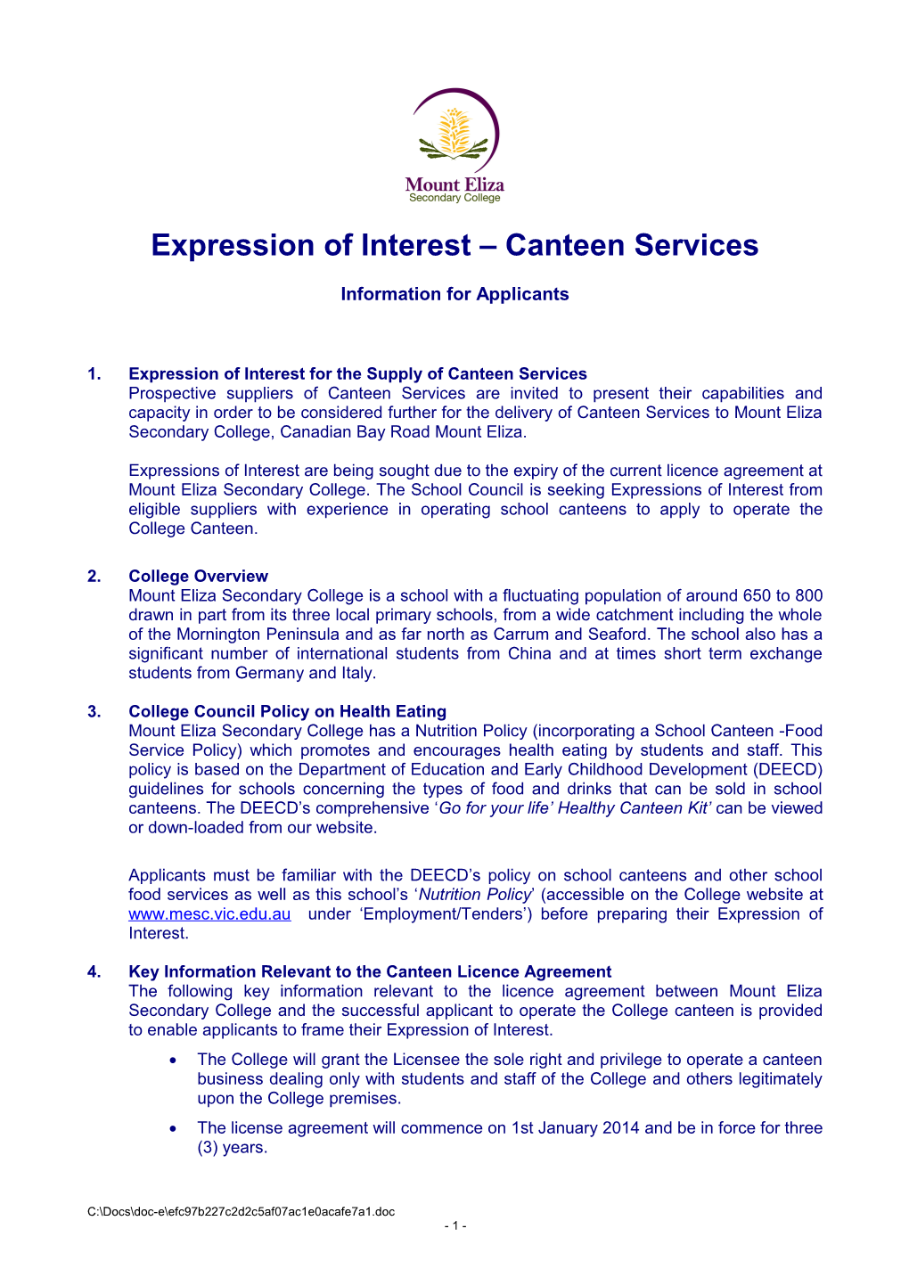 Expression of Interest Canteen Services