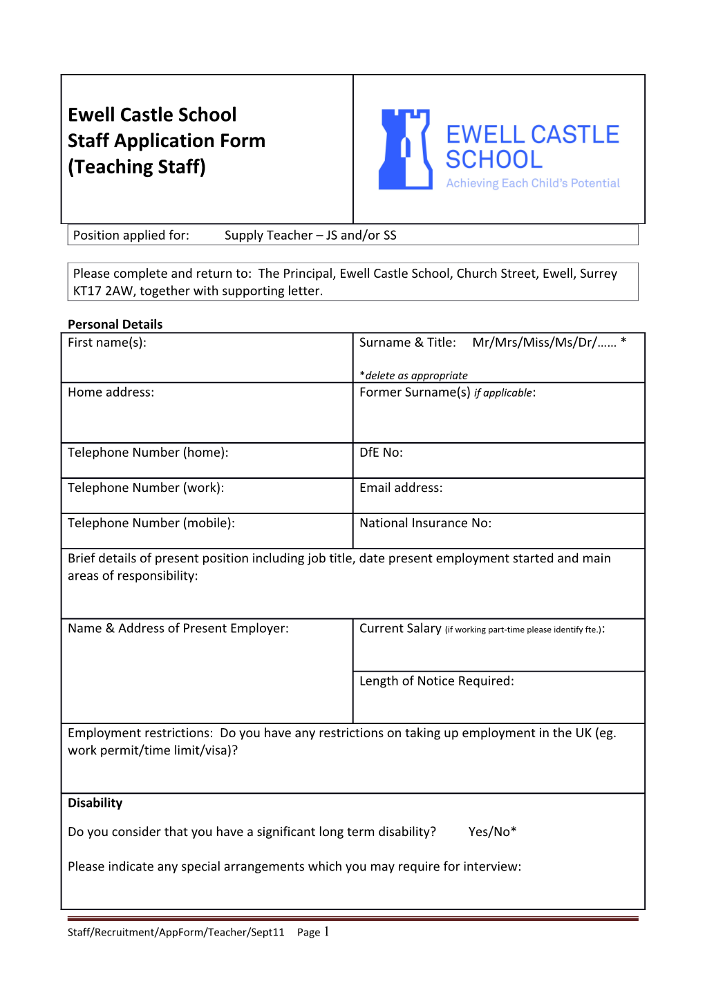 Position Applied For: Supply Teacher JS And/Or SS