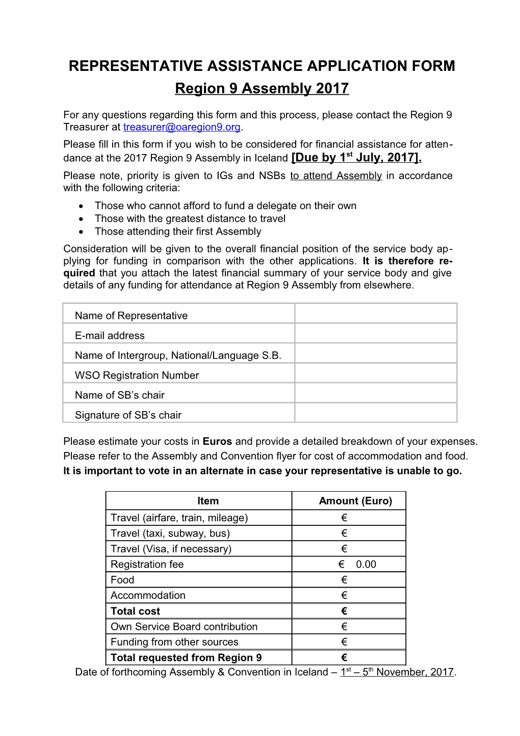 Representative Assistance Application Form