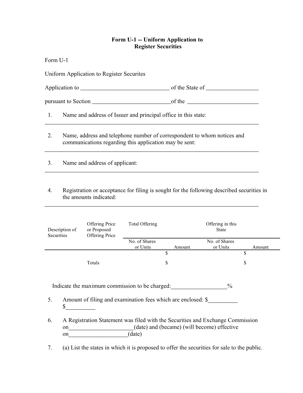 Form U-1 Uniform Application To