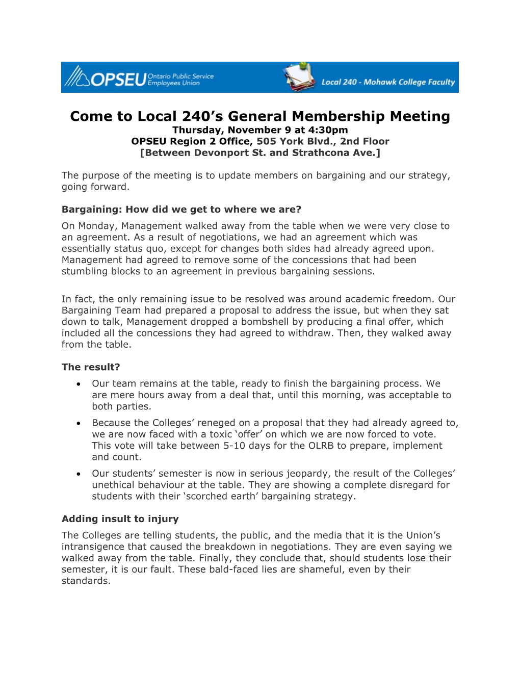 Come to Local 240 S General Membership Meeting