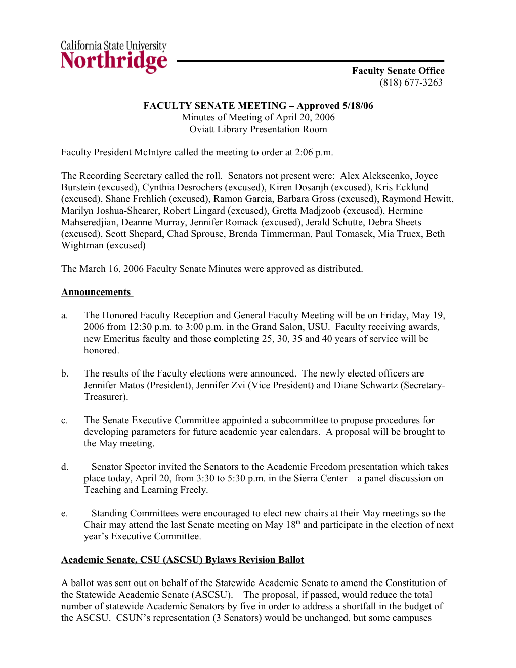 FACULTY SENATE MEETING Approved 5/18/06