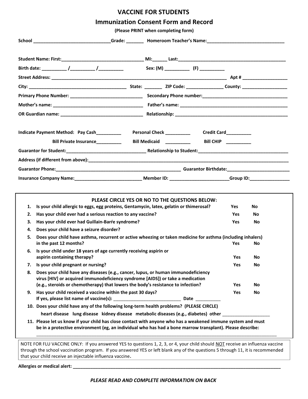 2008 Flu Vaccination Consent Form