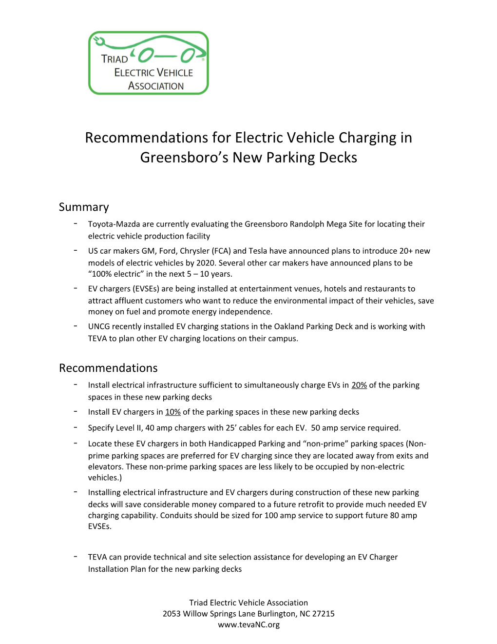 Recommendations for Electric Vehicle Charging in Greensboro S New Parking Decks