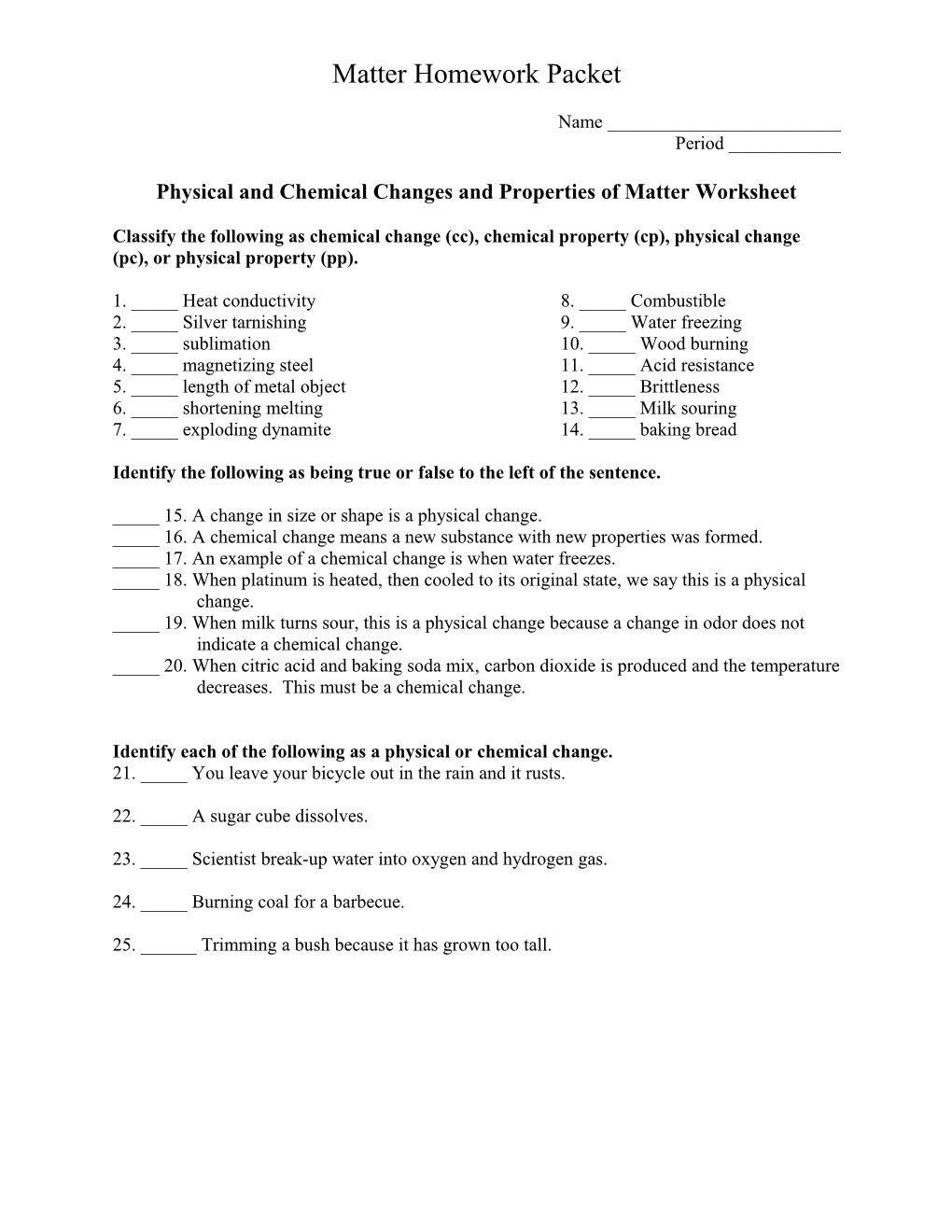 Physical and Chemical Changes and Properties of Matter Worksheet