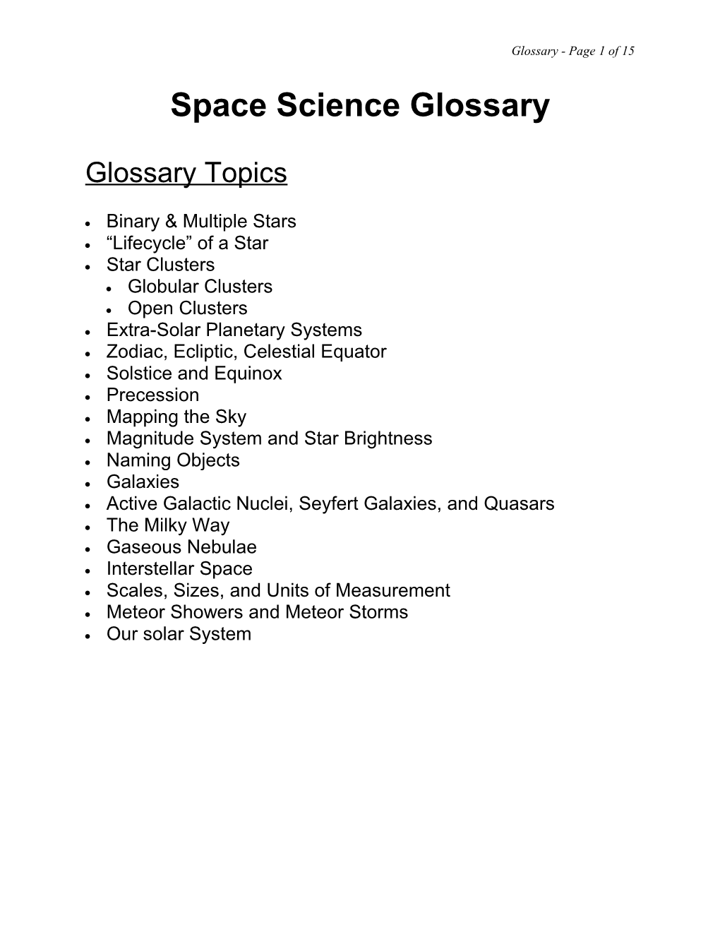 Glossary for Astronomy Readings