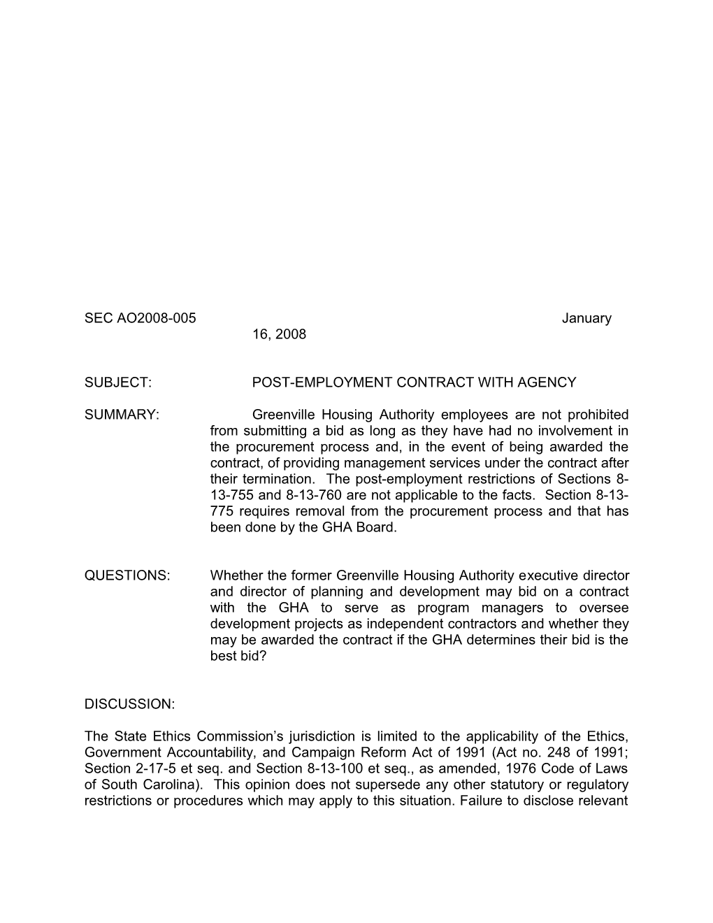 Subject:Post-Employment Contract with Agency