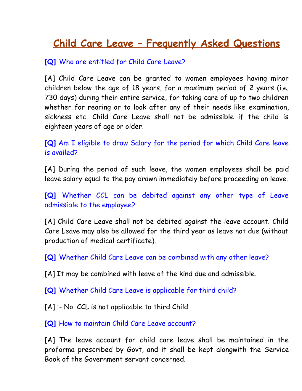 Child Care Leave Frequently Asked Questions