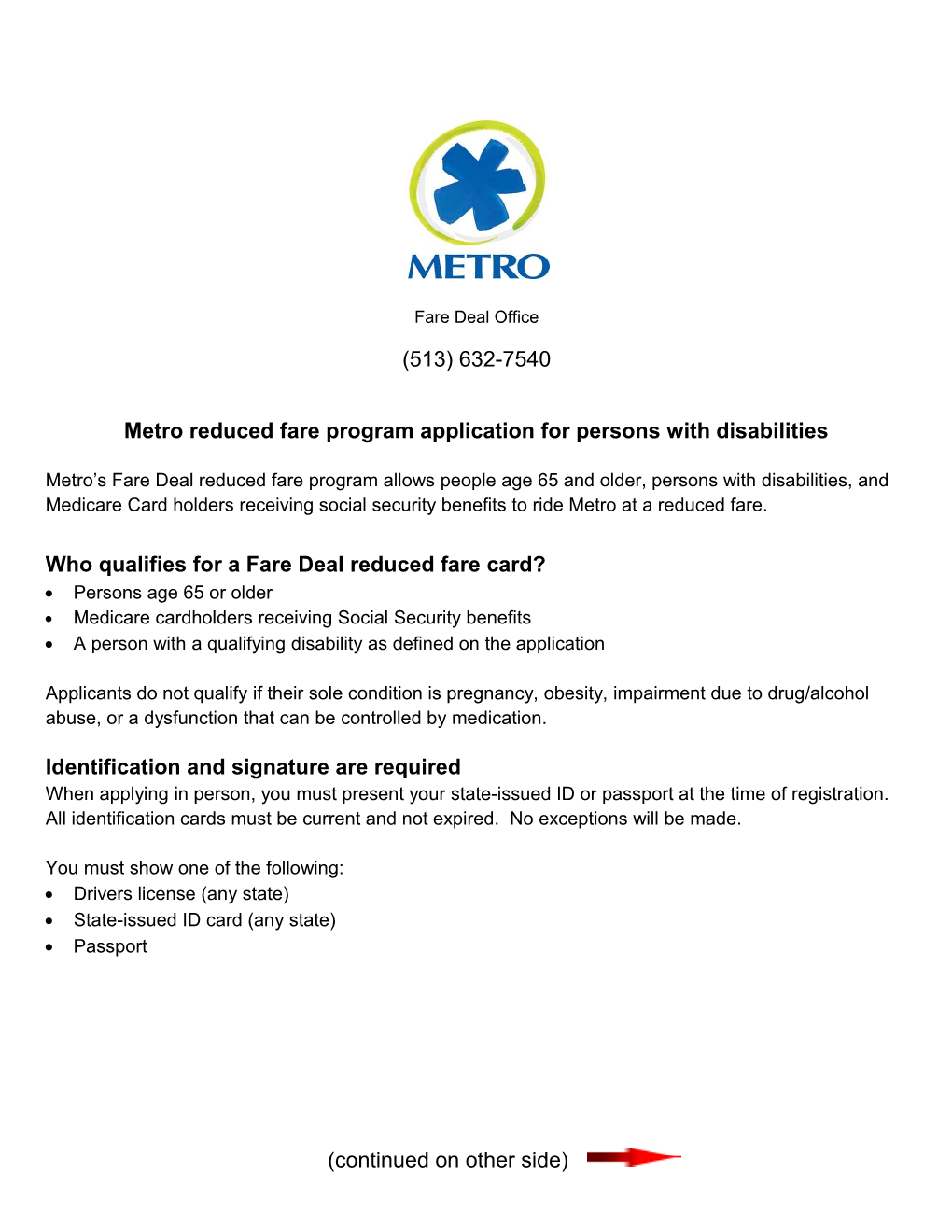 Metro Reduced Fare Program Application for Persons with Disabilities