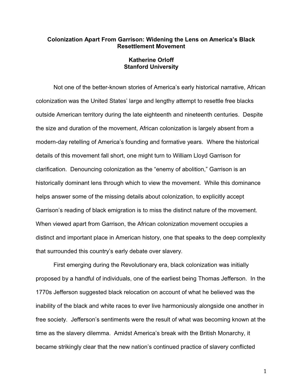 Colonization Apart from Garrison: Widening the Lens on America S Black Resettlement Movement